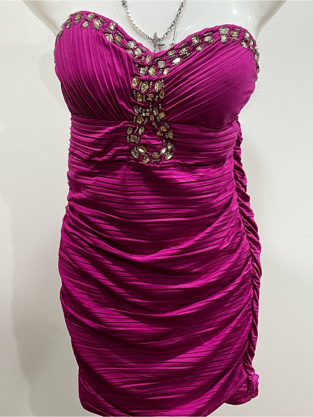Strapless Ruched Fuchsia Cocktail Dress with Rhinestone Accent - Picture 2 of 6